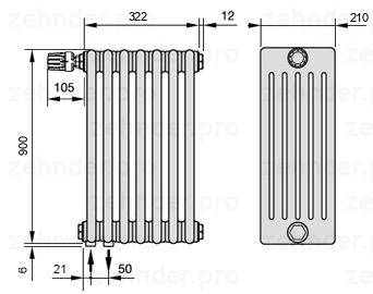 Схема (чертеж) Радиатор Zehnder Charleston 6090/7 №V001 Белый глянцевый RAL 9016